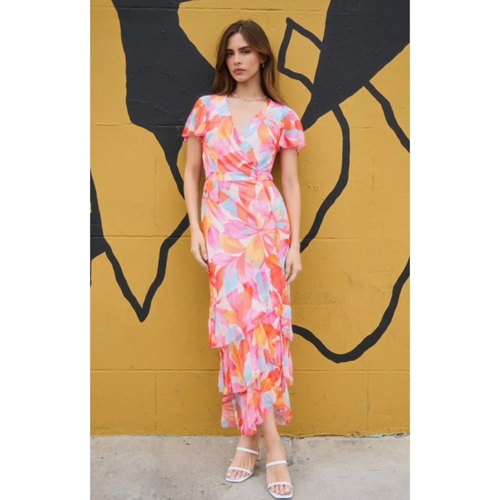 Kate and Lily Floral Mesh Maxi Dress Pink Orange Tiered Ruffle V-Neck 8 63503